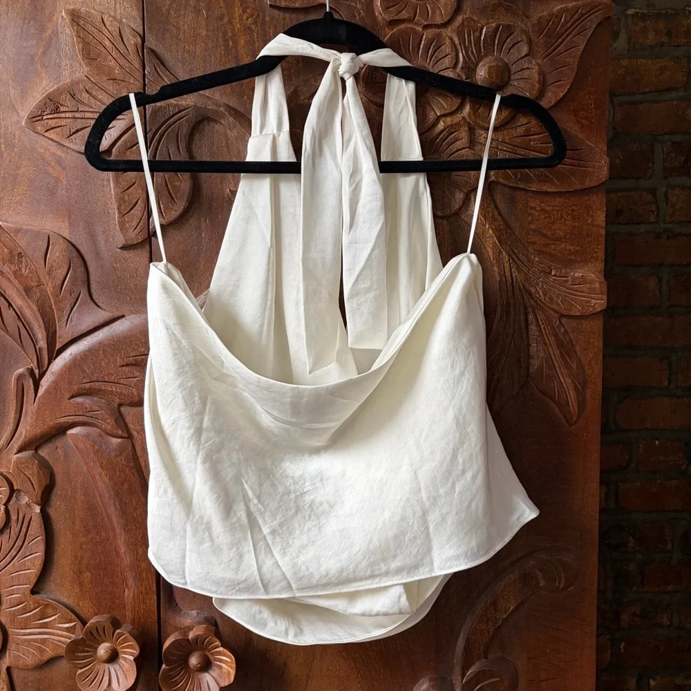 Aritzia Wilfred Martini Satin Halter Blouse in Light Birch - Picture 5 of 8